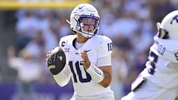 Sep 20, 2025; Fort Worth, Texas, USA; TCU Horned Frogs quarterback Josh Hoover (10) drops back to pass during the game between the TCU Horned Frogs and the SMU Mustangs at Amon G. Carter Stadium. Mandatory Credit: Jerome Miron-Imagn Images