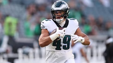 Aug 7, 2025; Philadelphia, Pennsylvania, USA; Philadelphia Eagles tight end Cameron Latu (49) before action against the Cincinnati Bengals at Lincoln Financial Field. Mandatory Credit: Bill Streicher-Imagn Images