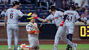 Aug 4, 2025; New York City, New York, USA; Cleveland Guardians shortstop Gabriel Arias (13) celebrates his three run home run against the New York Mets with designated hitter David Fry (6) and first baseman Carlos Santana (41) during the sixth inning at Citi Field. Mandatory Credit: Brad Penner-Imagn Images