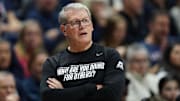 Jan 19, 2025; Storrs, Connecticut, USA; UConn Huskies head coach Geno Auriemma watches from the sideline as they take on the Seton Hall Pirates at Harry A. Gampel Pavilion. Mandatory Credit: David Butler II-Imagn Images