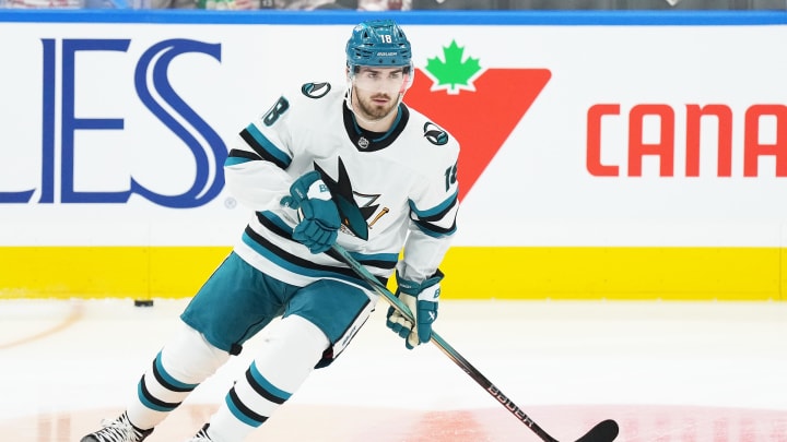 Jan 9, 2024; Toronto, Ontario, CAN; San Jose Sharks right wing Filip Zadina (18) skates during the warmup before a game against the Toronto Maple Leafs at Scotiabank Arena. Mandatory Credit: Nick Turchiaro-USA TODAY Sports