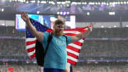 Aug 3, 2024; Paris, FRANCE; Ryan Crouser (USA) celebrates winning the gold medal in the men's shot put during the Paris 2024 Olympic Summer Games at Stade de France. Mandatory Credit: James Lang-USA TODAY Sports