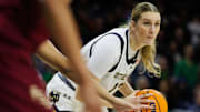 Notre Dame forward Kate Koval looks for an open teammate during a NCAA women's basketball game between No. 3 Notre Dame and No. 24 Florida State at Purcell Pavilion on Thursday, Feb. 27, 2025, in South Bend.