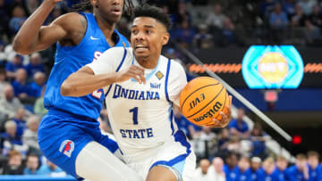 Indiana State Sycamores rushes up the court Wednesday, March 20, 2024, during the first round of the