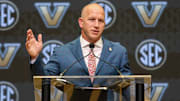 Jul 14, 2025; Atlanta, GA, USA; Vanderbilt Commodores head coach Clark Lea talks with the media during SEC Media Day at Omni Atlanta Hotel. Mandatory Credit: Jordan Godfree-Imagn Images