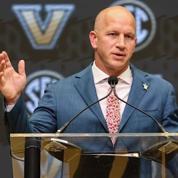 Jul 14, 2025; Atlanta, GA, USA; Vanderbilt Commodores head coach Clark Lea talks with the media during SEC Media Day at Omni Atlanta Hotel. Mandatory Credit: Jordan Godfree-Imagn Images
