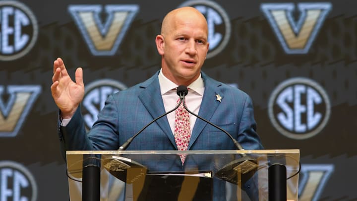 Jul 14, 2025; Atlanta, GA, USA; Vanderbilt Commodores head coach Clark Lea talks with the media during SEC Media Day at Omni Atlanta Hotel. Mandatory Credit: Jordan Godfree-Imagn Images Jul 14, 2025; Atlanta, GA, USA; Vanderbilt Commodores head coach Clark Lea talks with the media during SEC Media Day at Omni Atlanta Hotel. Mandatory Credit: Jordan Godfree-Imagn Images