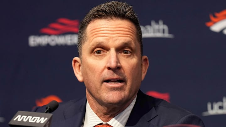 Feb 6, 2023; Englewood, CO, USA; General manager George Paton speaks during a press conference at the UCHealth Training Center. Mandatory Credit: Ron Chenoy-Imagn Images