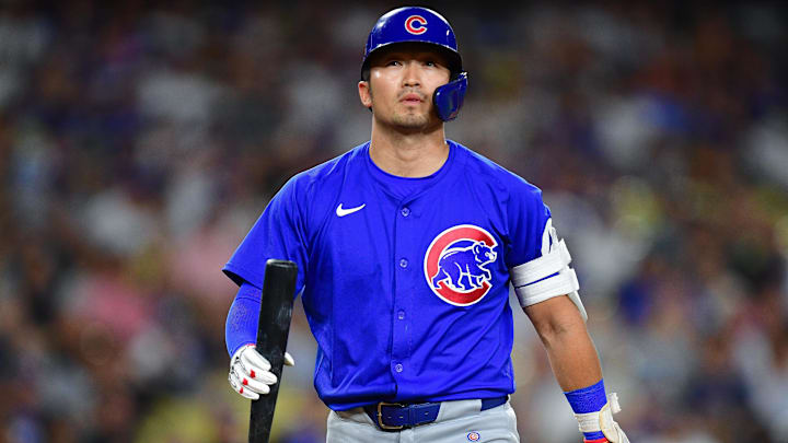 Sep 9, 2024; Los Angeles, California, USA; Chicago Cubs designated hitter Seiya Suzuki (27) reacts after striking out against the Los Angeles Dodgers during the fifth inning at Dodger Stadium