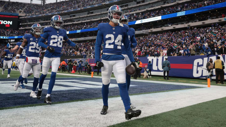 Dec 31, 2023; East Rutherford, New Jersey, USA; New York Giants safety Dane Belton (24) celebrates