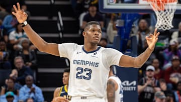 Oct 25, 2025; Memphis, Tennessee, USA; Memphis Grizzlies forward Cedric Coward (23) reacts after a three point basket against the Indiana Pacers during the second half at FedExForum. Mandatory Credit: Wesley Hale-Imagn Images