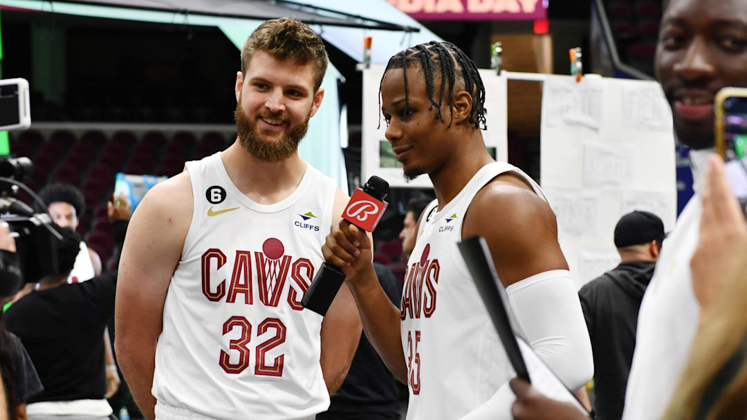 Sep 26, 2022; Cleveland, OH, USA; Cleveland Cavaliers forward Isaac Okoro (35) interviews forward Dean Wade (32) during media day at Rocket Mortgage FieldHouse. Mandatory Credit: Ken Blaze-Imagn Images Sep 26, 2022; Cleveland, OH, USA; Cleveland Cavaliers forward Isaac Okoro (35) interviews forward Dean Wade (32) during media day at Rocket Mortgage FieldHouse. Mandatory Credit: Ken Blaze-Imagn Images