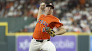 Apr 18, 2025; Houston, Texas, USA; Houston Astros starting pitcher Ryan Gusto (67) delivers a pitch during the second inning against the San Diego Padres at Daikin Park. 