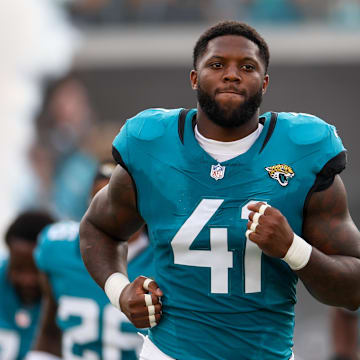 Aug 10, 2024; Jacksonville, Florida, USA; Jacksonville Jaguars defensive end Josh Hines-Allen (41) takes the field for a preseason game against the Kansas City Chiefs at EverBank Stadium. Mandatory Credit: Nathan Ray Seebeck-Imagn Images