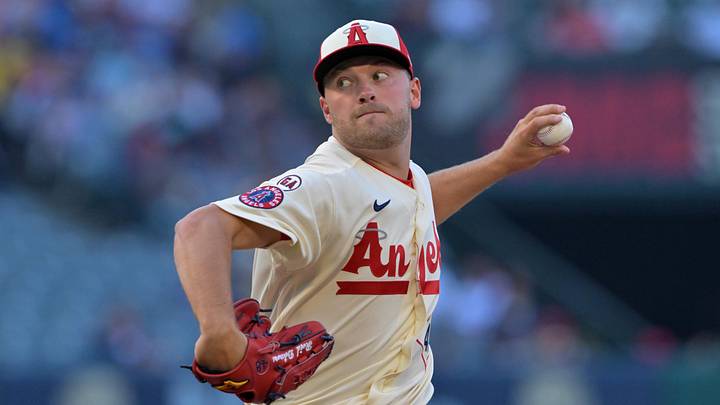 May 19, 2026; Anaheim, California, USA;  Los Angeles Angels starting pitcher Reid Detmers (48) delivers to the plate in the first inning against the Athletics at Angel Stadium. Mandatory Credit: Jayne Kamin-Oncea-Imagn Images