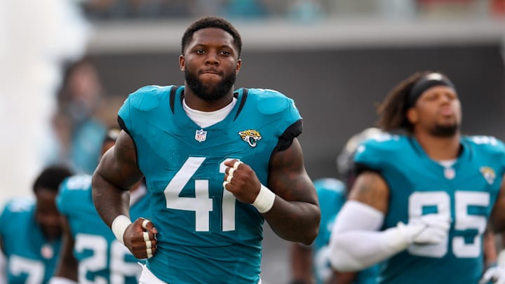 Aug 10, 2024; Jacksonville, Florida, USA; Jacksonville Jaguars defensive end Josh Hines-Allen (41) takes the field for a preseason game against the Kansas City Chiefs at EverBank Stadium. Mandatory Credit: Nathan Ray Seebeck-Imagn Images