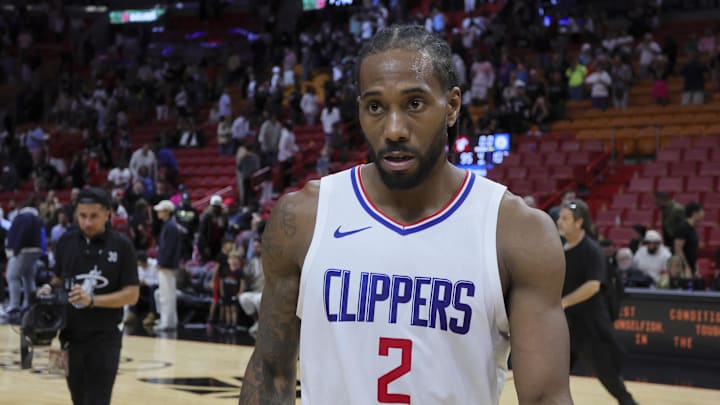 LA Clippers forward Kawhi Leonard (2) after the game against the Miami Heat.