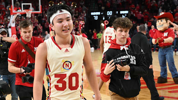 Nebraska Cornhuskers guard Keisei Tominaga (30) leaves the court after the win against the Wisconsin Badgers at Pinnacle Bank