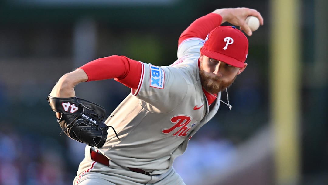 Apr 22, 2026; Chicago, Illinois, USA; Philadelphia Phillies pitcher Kyle Backhus (19) pitches against the Chicago Cubs during the first inning at Wrigley Field. Mandatory Credit: Patrick Gorski-Imagn Images