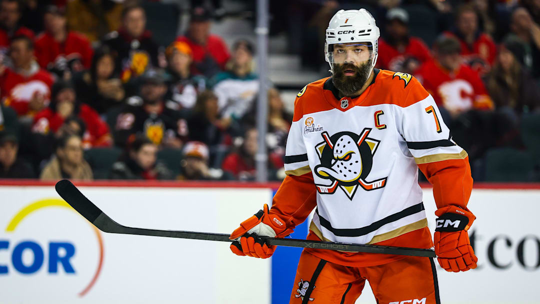 Jan 25, 2026; Calgary, Alberta, CAN; Anaheim Ducks defenseman Radko Gudas (7) against the Calgary Flames during the third period at Scotiabank Saddledome.