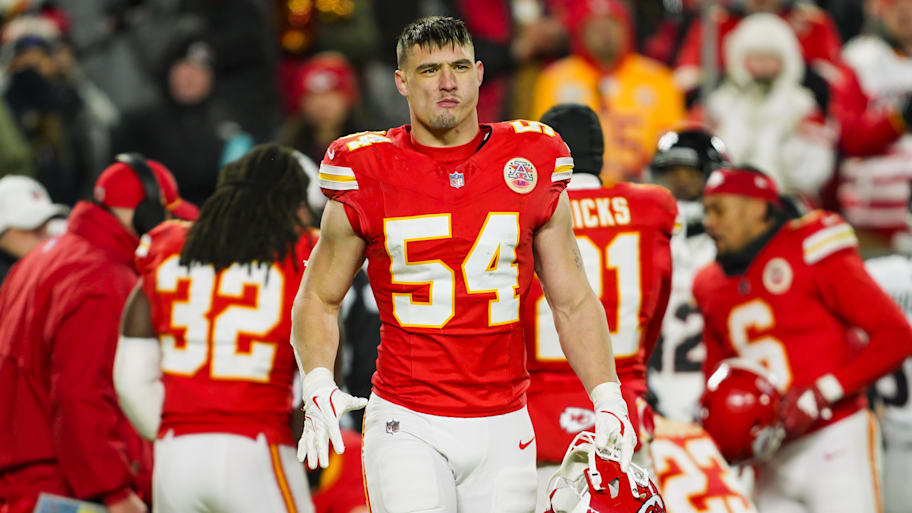 Jan 18, 2025; Kansas City, Missouri, USA; Kansas City Chiefs linebacker Leo Chenal (54) reacts during the second half against Houston Texans in a 2025 AFC divisional round game at GEHA Field at Arrowhead Stadium. Mandatory Credit: Jay Biggerstaff-Imagn Images | Jay Biggerstaff-Imagn Images