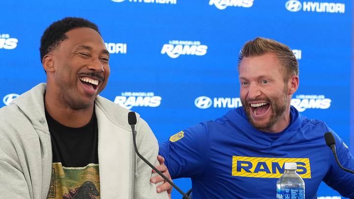 Los Angeles Rams defensive end Myles Garrett (left) and coach Sean McVay 