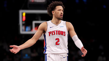Dec 23, 2023; Brooklyn, New York, USA; Detroit Pistons guard Cade Cunningham (2) reacts during the
