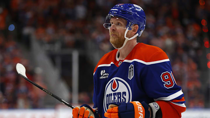 Jun 6, 2025; Edmonton, Alberta, CAN; Edmonton Oilers right wing Corey Perry (90) during the third period in game two of the 2025 Stanley Cup Final at Rogers Place. Mandatory Credit: Perry Nelson-Imagn Images