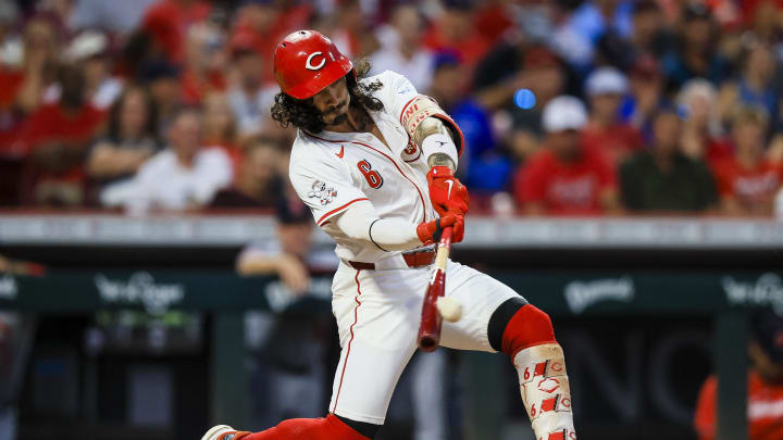 Aug 14, 2024; Cincinnati, Ohio, USA; Cincinnati Reds second baseman Jonathan India (6) hits a single in the sixth inning against the St. Louis Cardinals at Great American Ball Park. Mandatory Credit: Katie Stratman-USA TODAY Sports