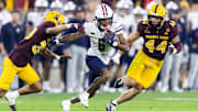 Nov 28, 2025; Tempe, Arizona, USA; Arizona Wildcats wide receiver Javin Whatley (6) against the Arizona State Sun Devils in the second half during the 99th Territorial Cup at Mountain America Stadium. Mandatory Credit: Mark J. Rebilas-Imagn Images