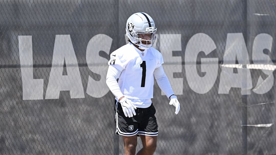 Jun 10, 2025; Henderson, NV, USA; Las Vegas Raiders wide receiver Tre Tucker (1) during a drill at Las Vegas Raiders Minicamp at Intermountain Health Performance Center. Mandatory Credit: Candice Ward-Imagn Images