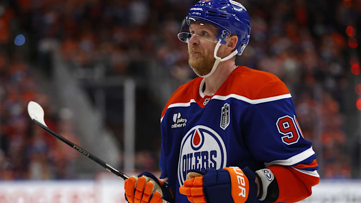 Jun 6, 2025; Edmonton, Alberta, CAN; Edmonton Oilers right wing Corey Perry (90) during the third period in game two of the 2025 Stanley Cup Final at Rogers Place. Mandatory Credit: Perry Nelson-Imagn Images