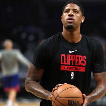 Mar 11, 2023; Los Angeles, California, USA;  Los Angeles Clippers forward Paul George (13) warms up before the game against the New York Knicks at Crypto.com Arena. Mandatory Credit: Kiyoshi Mio-USA TODAY Sports