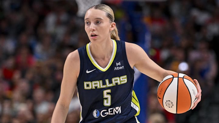 Aug 1, 2025; Dallas, Texas, USA; Dallas Wings guard Paige Bueckers (5) in action during the game between the Dallas Wings and the Indiana Fever at the American Airlines Center. Mandatory Credit: Jerome Miron-Imagn Images