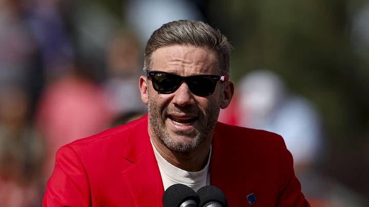 Sep 21, 2025; Foxborough, Massachusetts, USA; Former New England Patriots wide receiver Julian Edelman during halftime during the third quarter at Gillette Stadium. Mandatory Credit: Paul Rutherford-Imagn Images