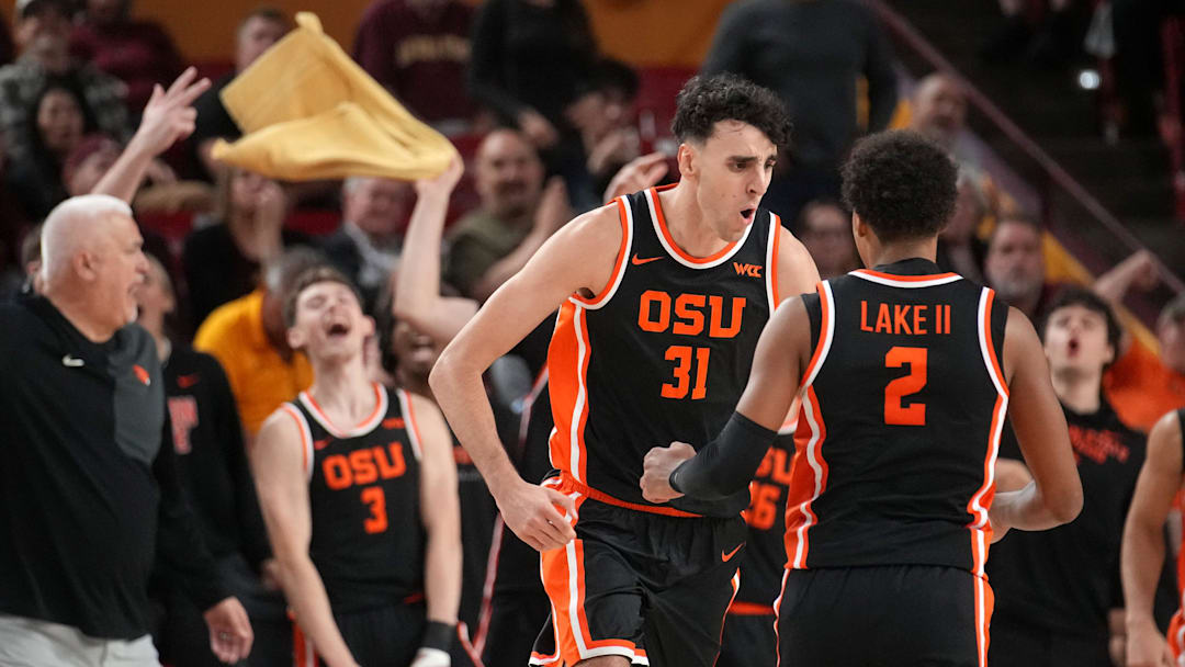 Oregon State Beavers forward Jorge Diaz Graham (31) celebrates his 3-point shot against the ASU Sun Devils at Desert Financial Arena in Tempe on Dec. 21, 2025.