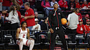 Nov 11, 2024; Piscataway, New Jersey, USA; Rutgers Scarlet Knights guard Dylan Harper (2) and guard Ace Bailey (4) looks on during halftime against the St. Peter's Peacocks at Jersey Mike's Arena. Mandatory Credit: Vincent Carchietta-Imagn Images