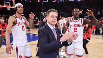 Jan 11, 2025; New York, New York, USA;  St. John's basketball head coach Rick Pitino leads the team back onto the floor after a 80-68 victory over the Villanova Wildcats at Madison Square Garden.