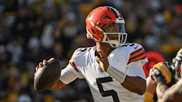 Dec 8, 2024; Pittsburgh, Pennsylvania, USA; Cleveland Browns quarterback Jameis Winston (5) throws a pass against the Pittsburgh Steelers during the second quarter at Acrisure Stadium. Mandatory Credit: Barry Reeger-Imagn Images