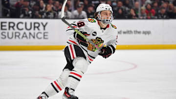 Apr 18, 2024; Los Angeles, California, USA; Chicago Blackhawks center Connor Bedard (98) in action against the Los Angeles Kings during the third period at Crypto.com Arena. Mandatory Credit: Gary A. Vasquez-Imagn Images