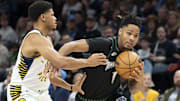 Oct 26, 2025; Minneapolis, Minnesota, USA; Minnesota Timberwolves guard Terrence Shannon Jr. (1) drives to the basket past Indiana Pacers guard RayJ Dennis (10) in the first half at Target Center.