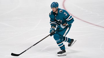 Nov 7, 2025; San Jose, California, USA;  San Jose Sharks defenseman John Klingberg (3) skates with the puck against the Winnipeg Jets during the third period at SAP Center at San Jose. Mandatory Credit: David Gonzales-Imagn Images