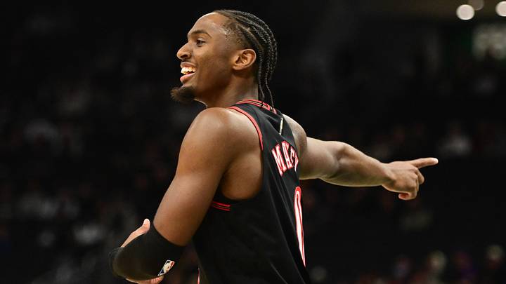 Nov 20, 2025; Milwaukee, Wisconsin, USA; Philadelphia 76ers guard Tyrese Maxey (0) reacts in the second quarter against the Milwaukee Bucks at Fiserv Forum. Mandatory Credit: Benny Sieu-Imagn Images