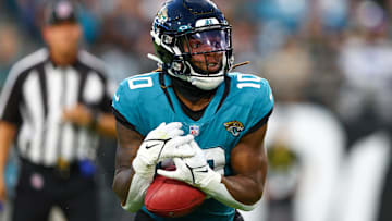 Aug 20, 2022; Jacksonville, Florida, USA;  Jacksonville Jaguars wide receiver Laviska Shenault Jr. (10) at TIAA Bank Field. Mandatory Credit: Nathan Ray Seebeck-USA TODAY Sports