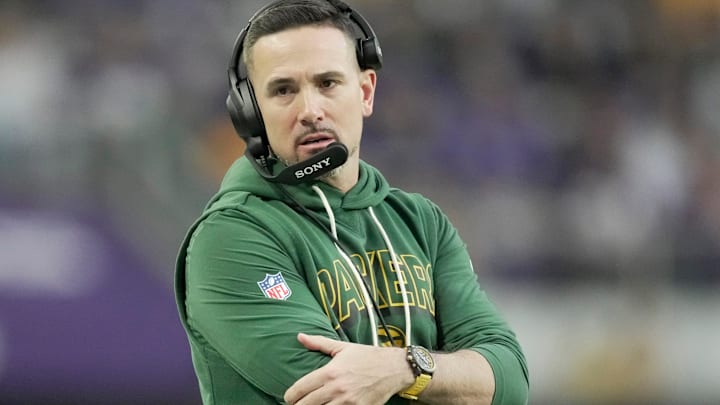Green Bay Packers head coach Matt Lafleur is shown during the first quarter of their game against the Minnesota Vikings Sunday, January 4, 2026 at U.S. Bank Stadium in Minneapolis, Minnesota.