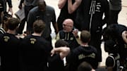 Feb 5, 2025; Stanford, California, USA; Wake Forest Demon Deacons head coach Steve Forbes (center) gestures as he talks to his players during a timeout in the second half against the Stanford Cardinal at Maples Pavilion. Mandatory Credit: D. Ross Cameron-Imagn Images