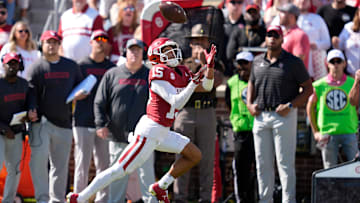 Oklahoma Sooners wide receiver Brenen Thompson (15) catches a touchdown pass during a college football game between the University of Oklahoma Sooners (OU) and the South Carolina Gamecocks at Gaylord Family - Oklahoma Memorial Stadium in Norman, Okla., Saturday, Oct. 19, 2024.