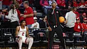 Nov 11, 2024; Piscataway, New Jersey, USA; Rutgers Scarlet Knights guard Dylan Harper (2) and guard Ace Bailey (4) looks on during halftime against the St. Peter's Peacocks at Jersey Mike's Arena. Mandatory Credit: Vincent Carchietta-Imagn Images