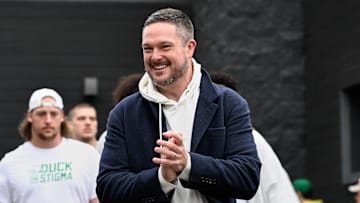 Oct 11, 2025; Eugene, Oregon, USA; Oregon Ducks head coach Dan Lanning arrives with players before the game between the Indiana Hoosiers and the Oregon Ducks at Autzen Stadium. Mandatory Credit: Troy Wayrynen-Imagn Images
