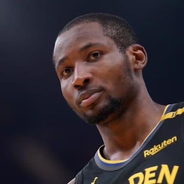 May 12, 2025; San Francisco, California, USA; Golden State Warriors forward Jonathan Kuminga (00) stands on the court before a play against the Minnesota Timberwolves in the second quarter during game four of the second round for the 2025 NBA Playoffs at Chase Center. Mandatory Credit: Cary Edmondson-Imagn Images